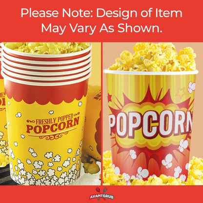 Leakproof, Super Durable 32oz Popcorn Cups 100 Pack. Grease-Proof Disposable Pop Corn Tubs With Cool Design Are the Ultimate Movie Theater Accessory. Large Containers Great for Any Party or Event