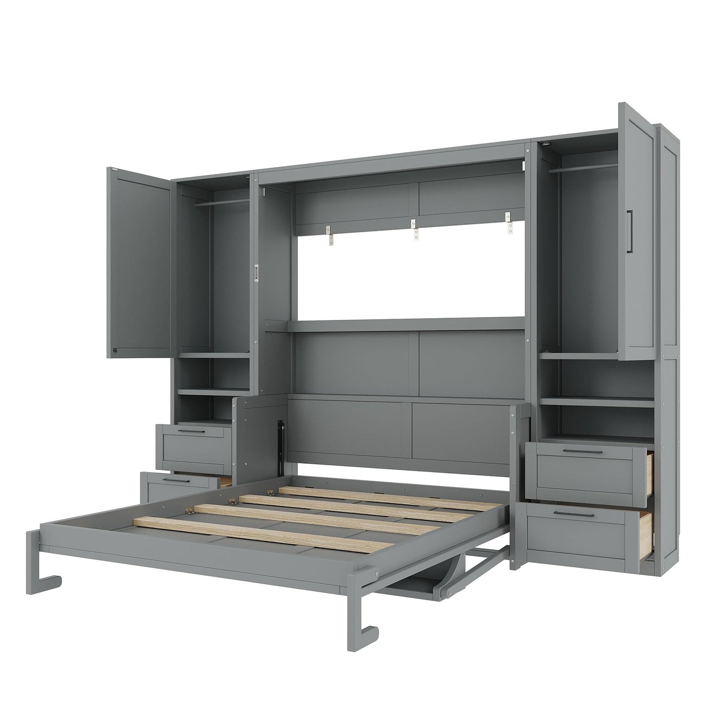 Merax Queen Size Murphy Bed with Desk, Multifunctional Foldable Wall Bed with Closet, Drawers and Shelves, Space-Saving Wood Platform Bed Frame for Small Spaces Studio Study Office Guest Room, Gray