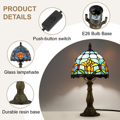 MOAN Small Lamp Stained Glass Table Lamp 8X14.5 Inch Bedside Reading Light Antique Light Desk Lamp(Rose Style)