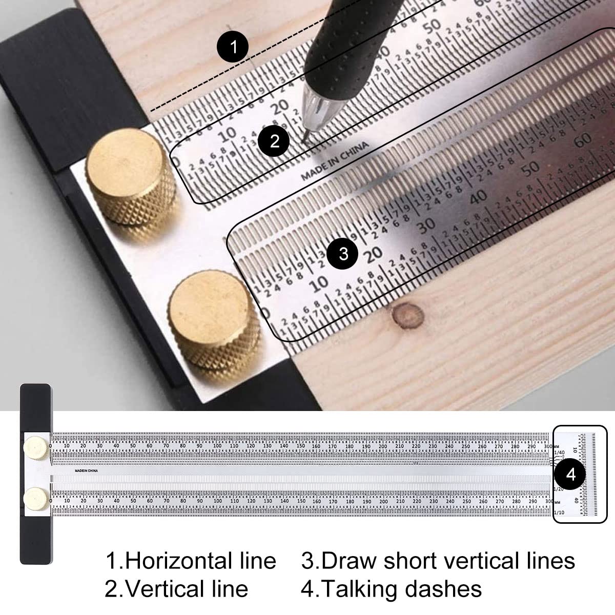 Smgda Precision Marking T-Rule Stainless Steel T Square with Mechanical Pencil & 0.5mm Refill Scribing Line Ruler for Marking or Measuring, for Carpenters, Designers, Architects, Engineers 300mm