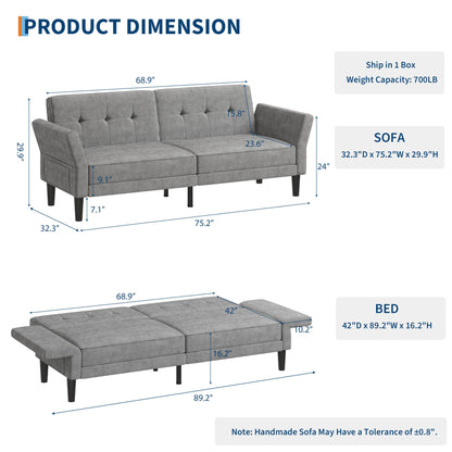 89" Futon Sofa Bed, Modern Sleeper Couch with Adjustable Backrest & Armrest, Convertible Couch Bed with Deep Seat for Living Room Bedroom, Apartments