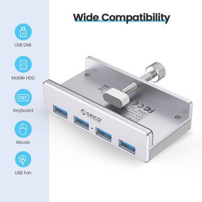 ORICO USB 3.0 Hub, USB Hub Clamp, Aluminum 4-Port USB Splitter with Extra Power Supply Port and 4.92 FT USB Data Cable, Desktop Powered USB Hub for Monitors/Desks-Black (Without Power Adapter)