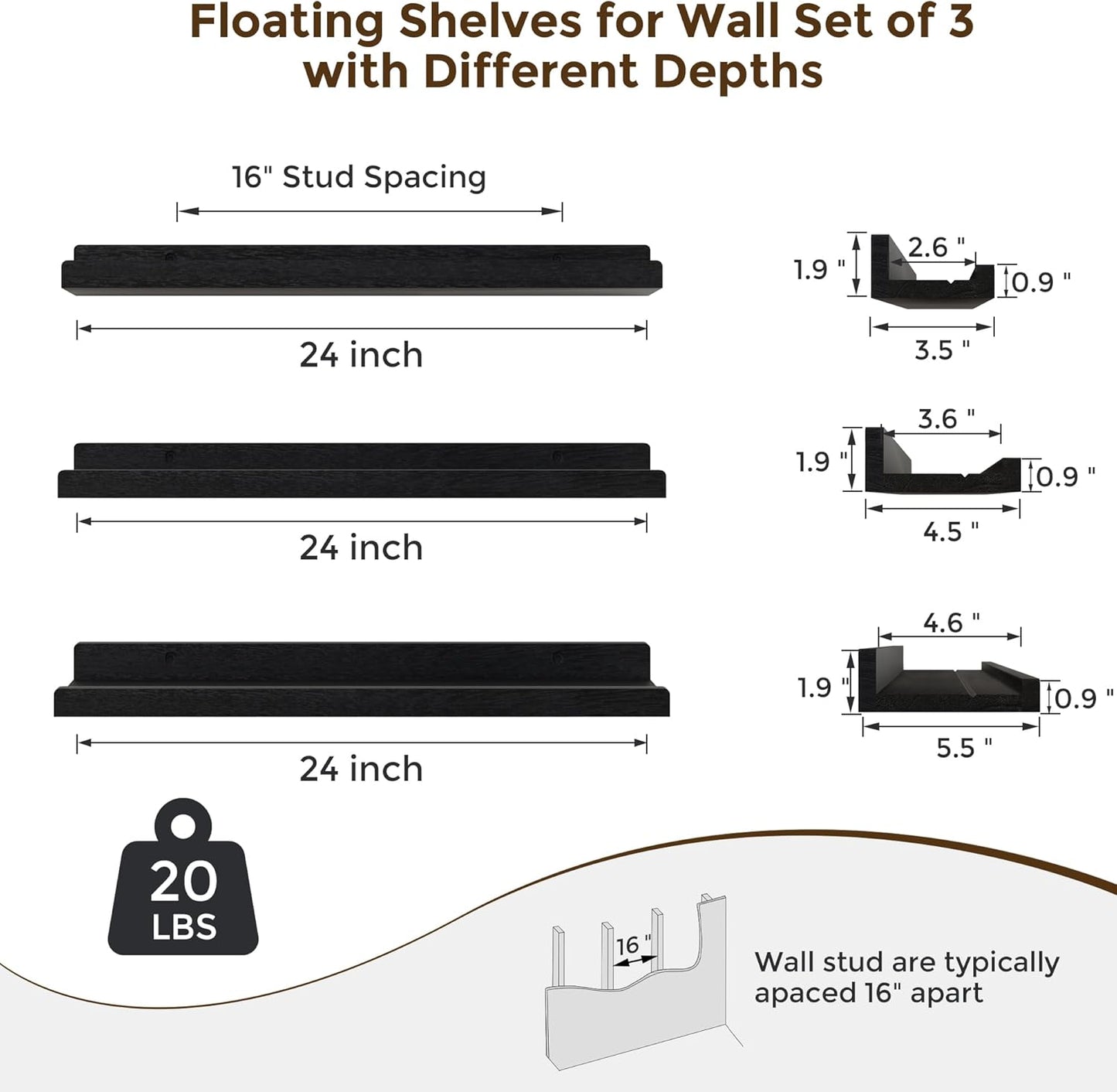 24 inch Set 3, RICHFOCUS Floating Shelves for Wall, Solid Wood Picture Ledge Shelf for Wall Storage, Nursery Book