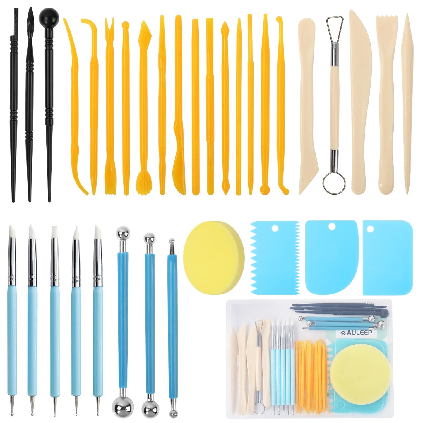 AULEEP Clay Sculpting Tools Kit, 35 PCS Air Dry Clay Tool, Polymer Clay Tools, Portable Clay Pottery Supplies for Adults, Pottery Craft, Dotting, Carving, Molding, Modeling, Drawing, Shaping