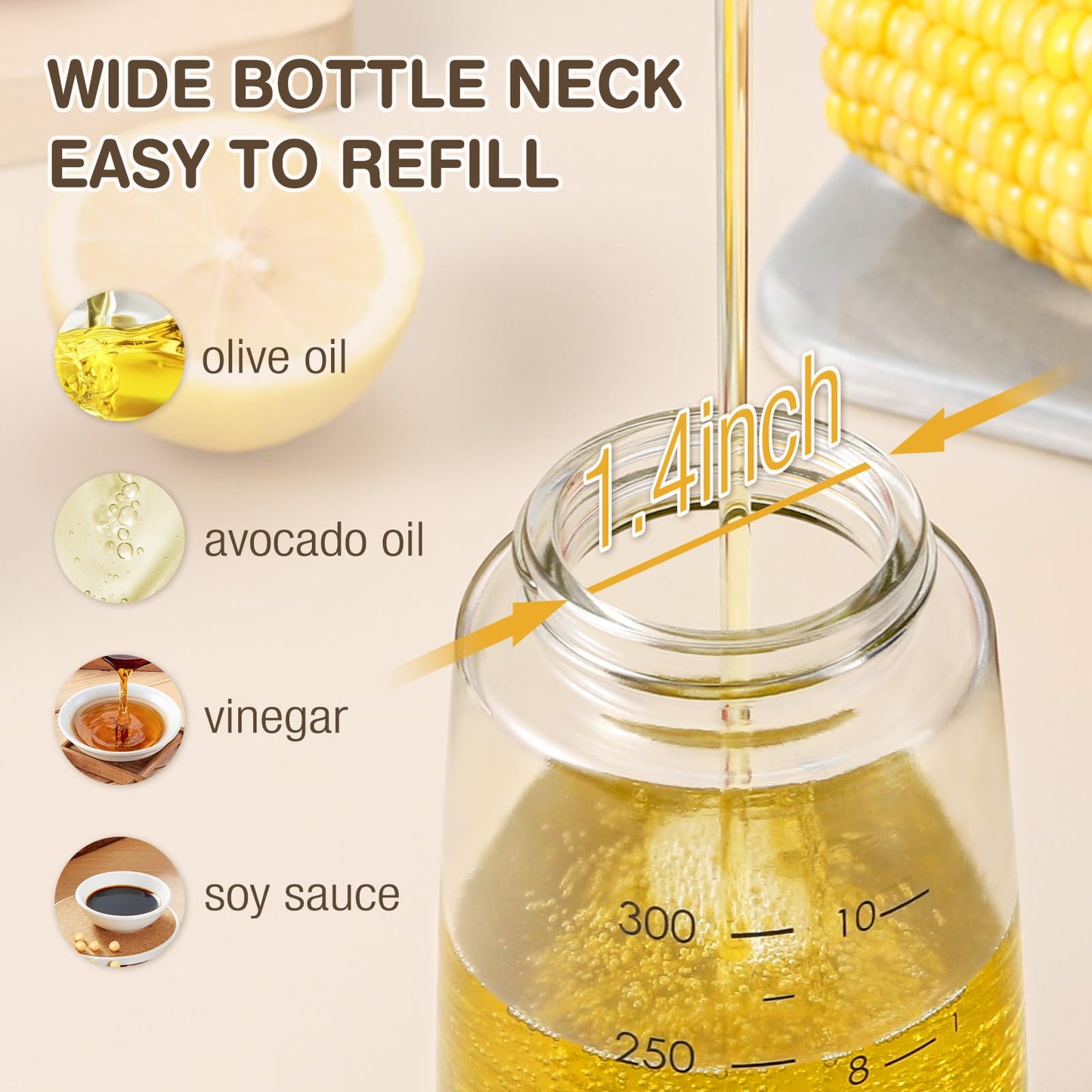 Vucchini Olive Oil Dispenser Bottle for Kitchen Cooking 10 oz - Auto Flip Vinegar Dispenser Container- Leakproof Glass Cruet with Non-Drip Spout Dispenser (white and yellow)