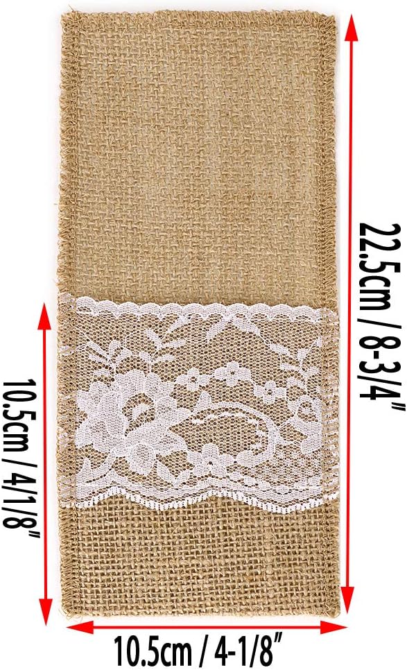 OwnMy Natural Burlap Utensil Holders, Beige 30 Packs Burlap Lace Silverware Holder for Vintage Rustic Wedding Party