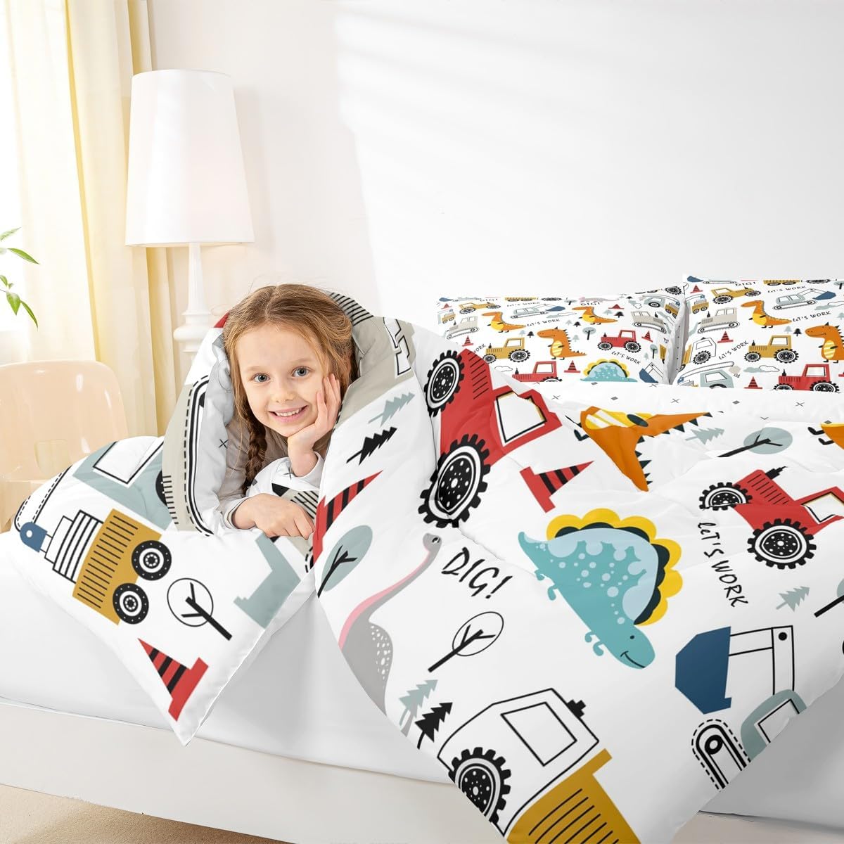 Set Set Set Set Set Feelyou Construction Comforter Kids Cartoon Dinosaur Comforter Cover for Boys Equipment Trucks
