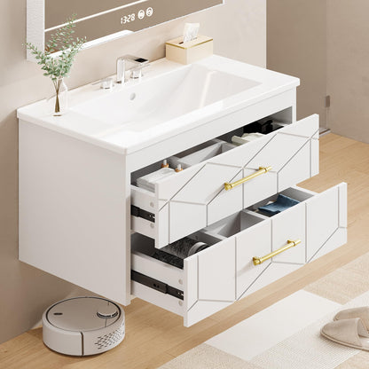 IDEALHOUSE Floating Bathroom Vanity with Sink 24 inch, Modern Bathroom Sink Cabinet, Ceramic Vanity Top, 2 Large Storage Drawers with Gold Metal Handle, Easy to Assembly, White