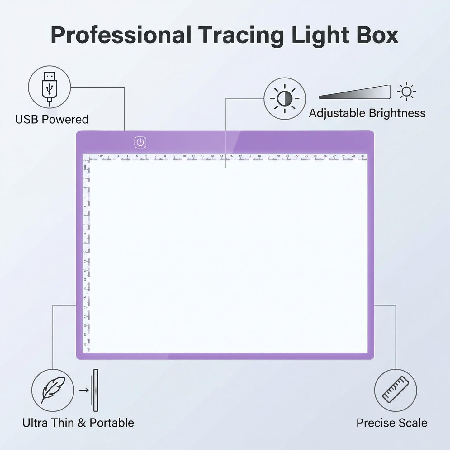 A4 Ultra-Thin LED Light Pad with Scale - 5000 Lux Stepless Dimmer Light Box for Diamond Painting, Tracing & Sketching - USB Powered Portable Light Table for Artists, Tattoos & Animation - Purple