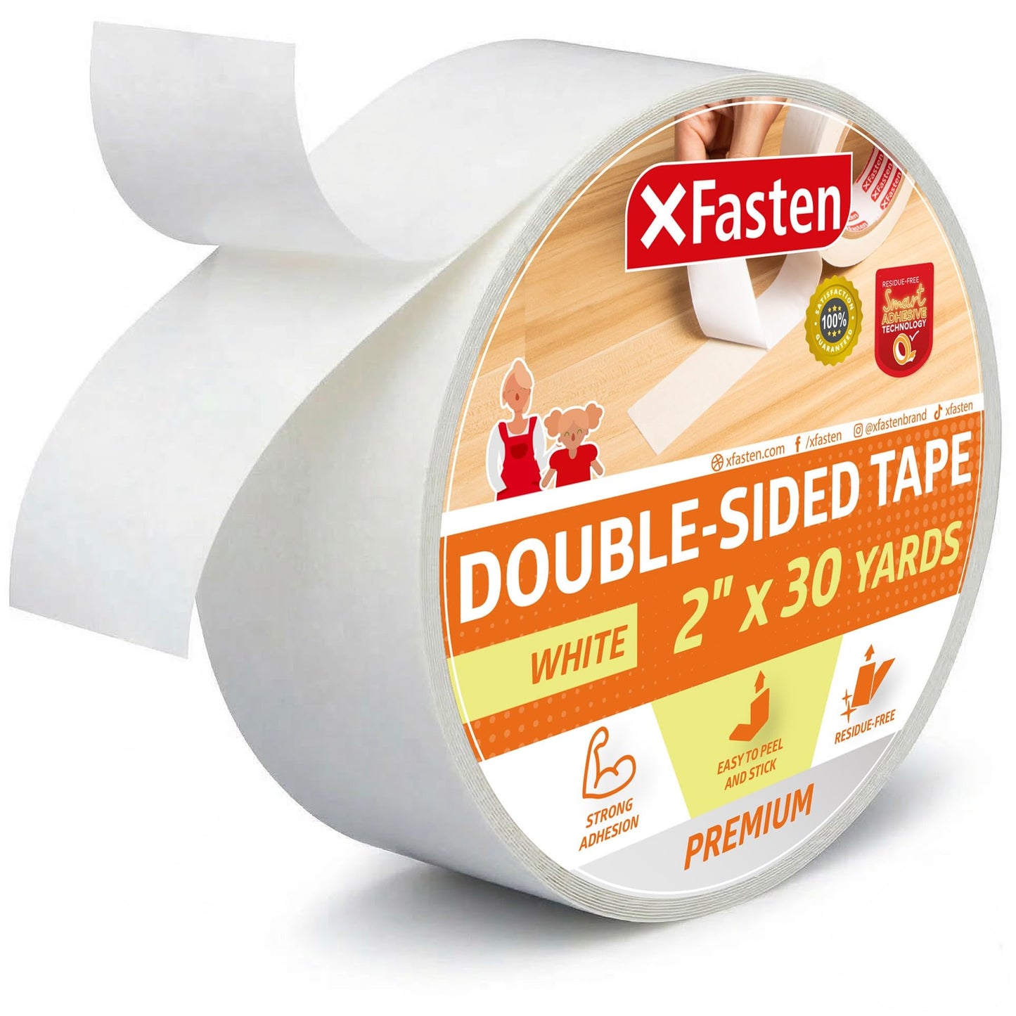 XFasten Double Sided Tape, White, Removable and Residue-Free, 2-Inch x 30 Yards, Surface Safe Two-Sided Sticky Adhesive Tape for Wall, Floor, Clothes, Rug, Fabric, Crafts and Scrapbooking