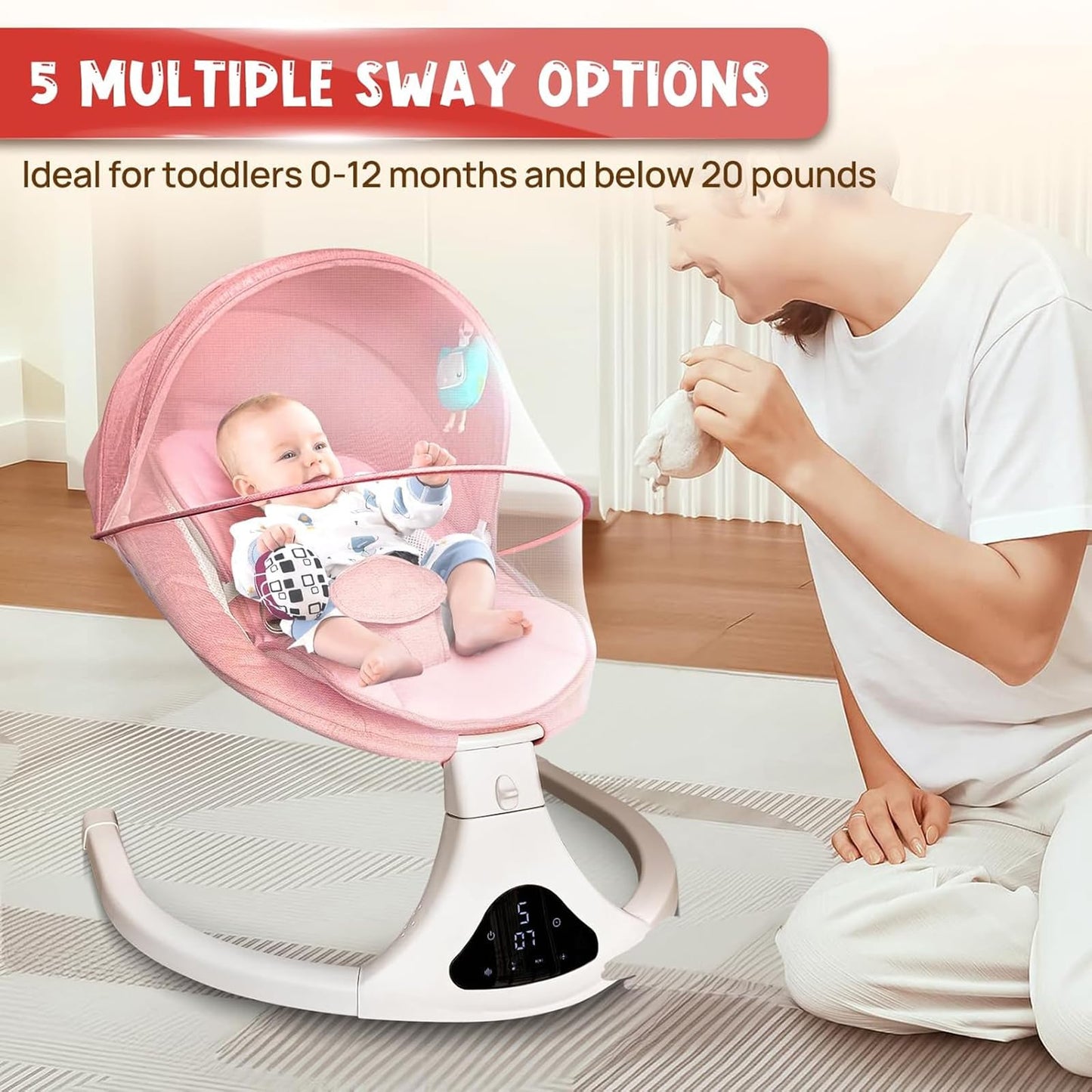Electric Baby Swing for Infants to Toddler| Portable Infant Swing with Remote Control, Swing with 5 Speeds, 3-Point Harness for Baby Boy Girl (Pink)