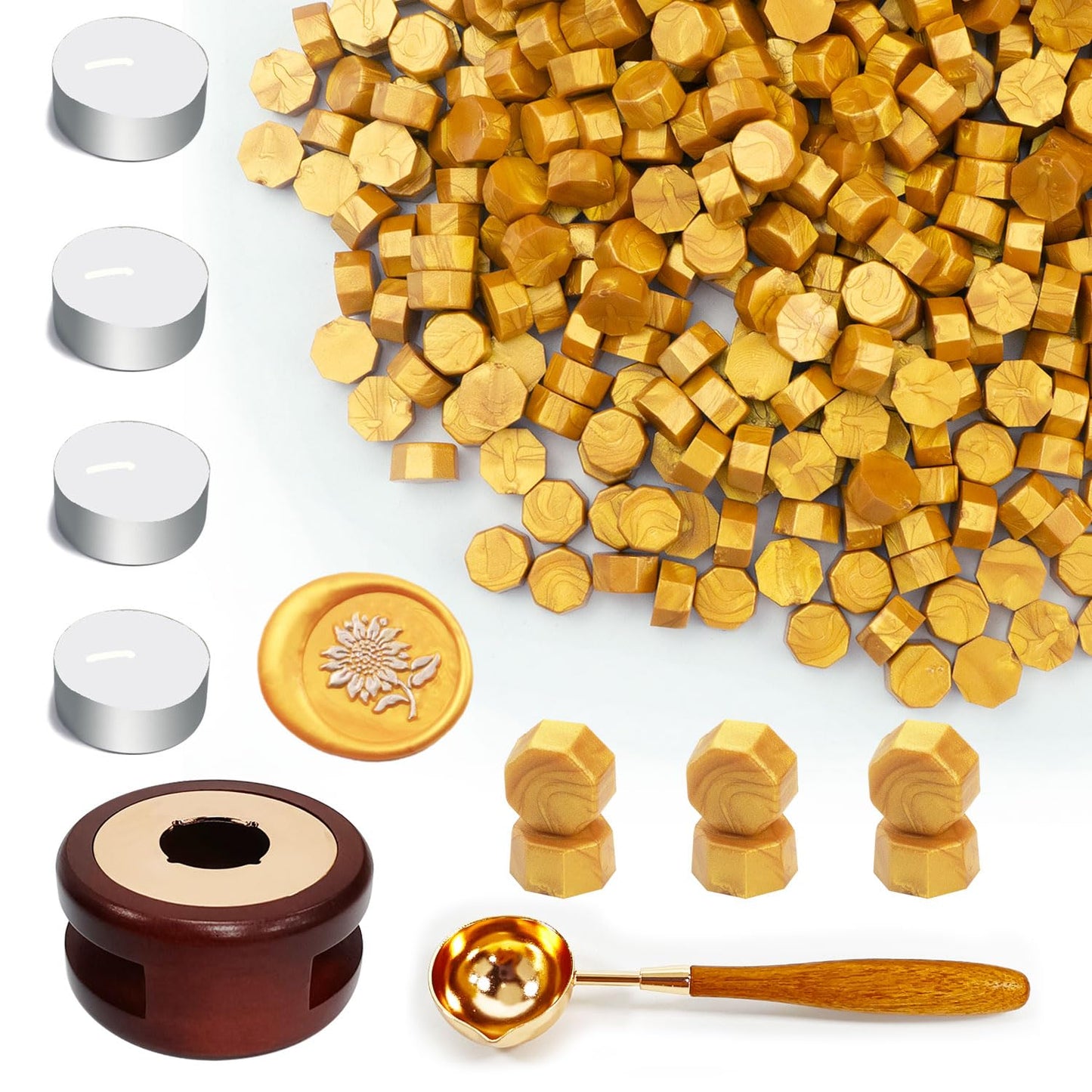 Wax Seal Beads Kit, Ioggtser Sealing Beads Set with 400PCS Gold Wax Seal Beads, Melting Warmer, Melting Spoon,4 PCS Candles, for Wedding Envelope