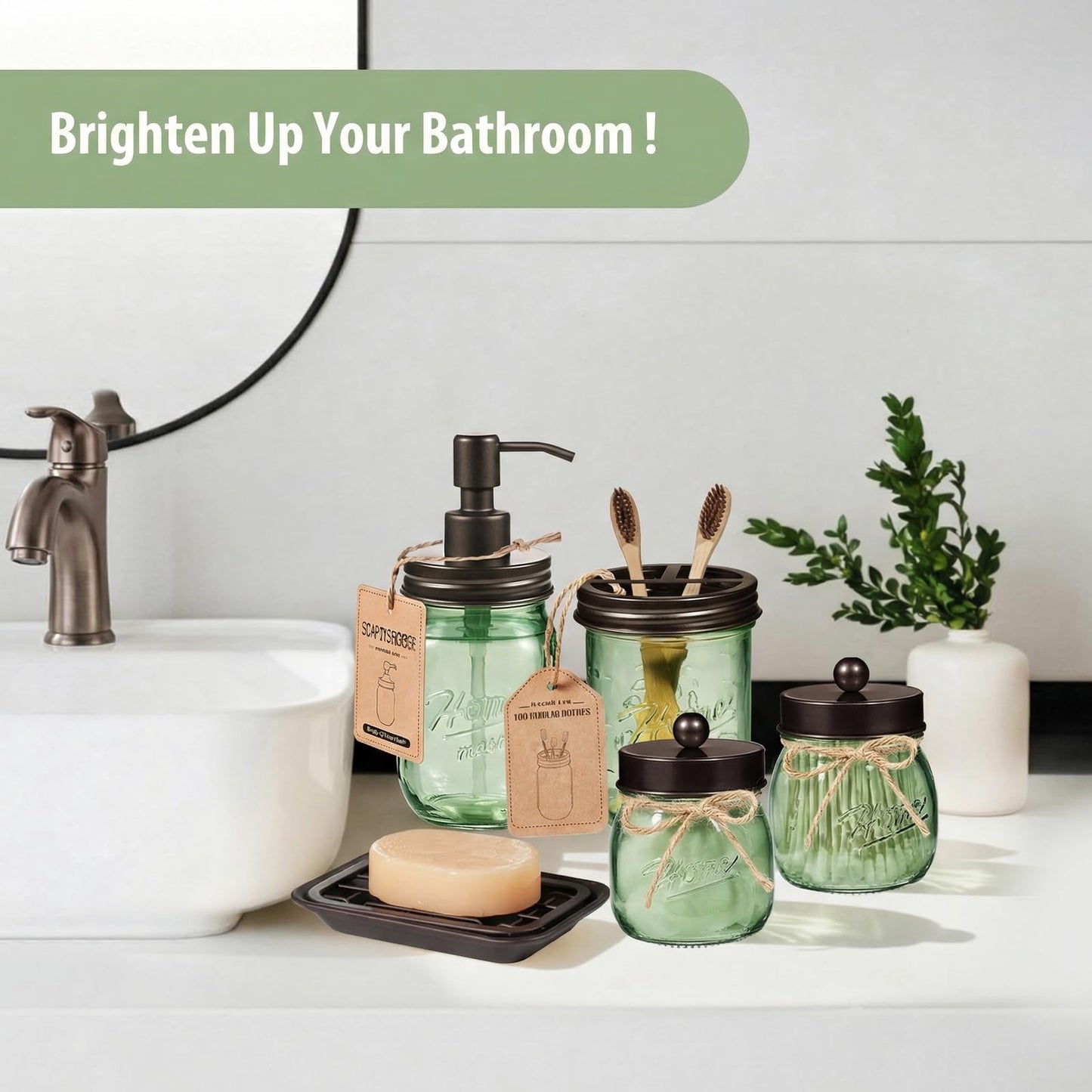 SheeChung Green Bathroom Accessories Set, 6Pcs Mason Jar Glass Bathroom Set, Lotion Soap Dispenser, Toothbrush Holder, Qtip Holder, Soap Dish, Metal Wire Basket, Rustic Farmhouse Bathroom Decor-Bronze