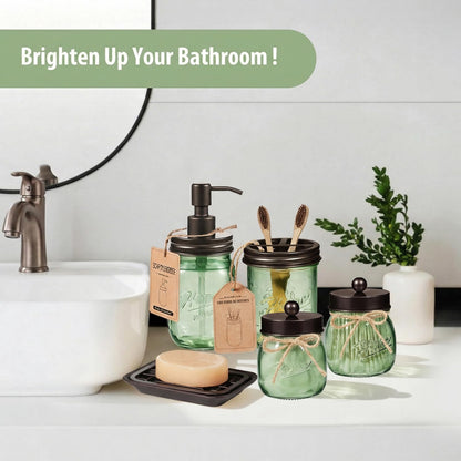 SheeChung Green Bathroom Accessories Set, 6Pcs Mason Jar Glass Bathroom Set, Lotion Soap Dispenser, Toothbrush Holder, Qtip Holder, Soap Dish, Metal Wire Basket, Rustic Farmhouse Bathroom Decor-Bronze