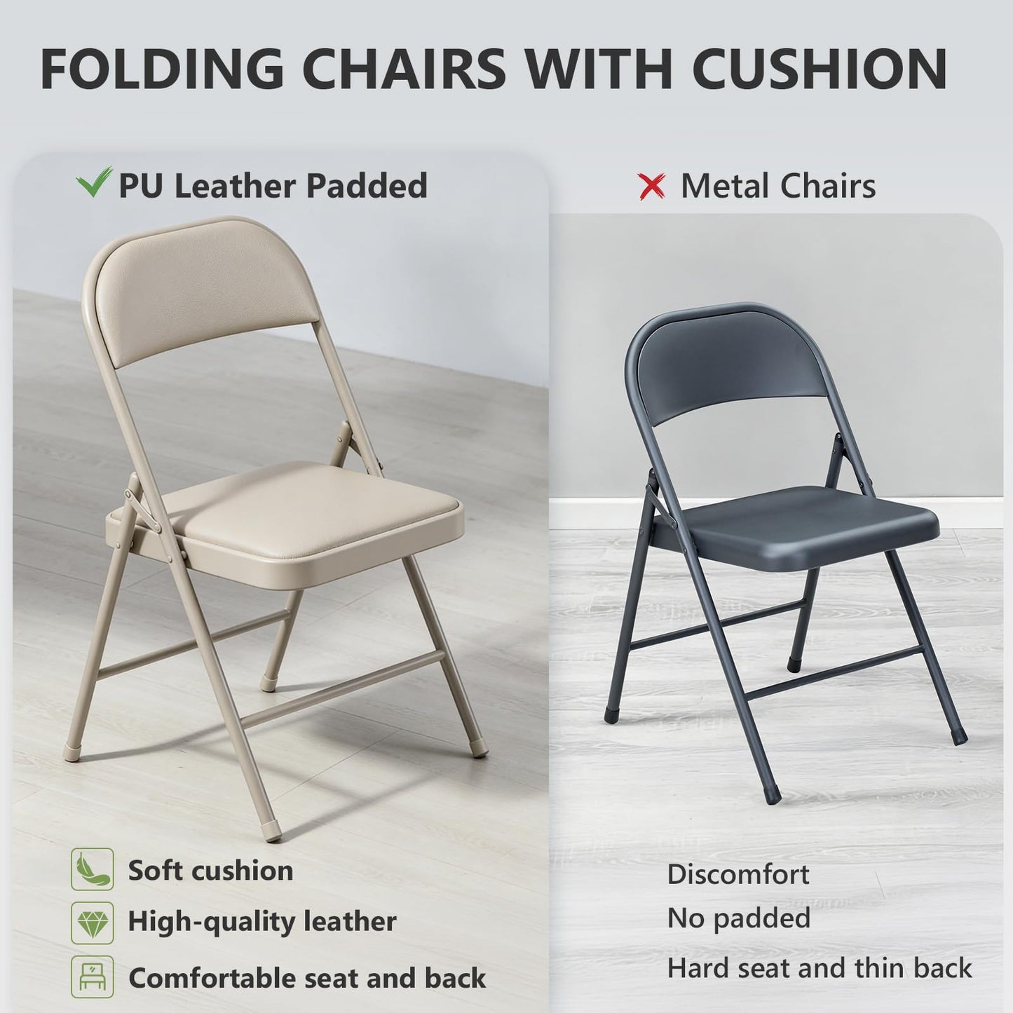 Folding Chairs 12 Pack, PU Leather Padded Folding Chairs for Outside and Indoor, Heavy Duty Portable Foldable Metal Commercial Seat for Home Office, Dorm, Party, Backyard, Lawn, Patio, Khaki