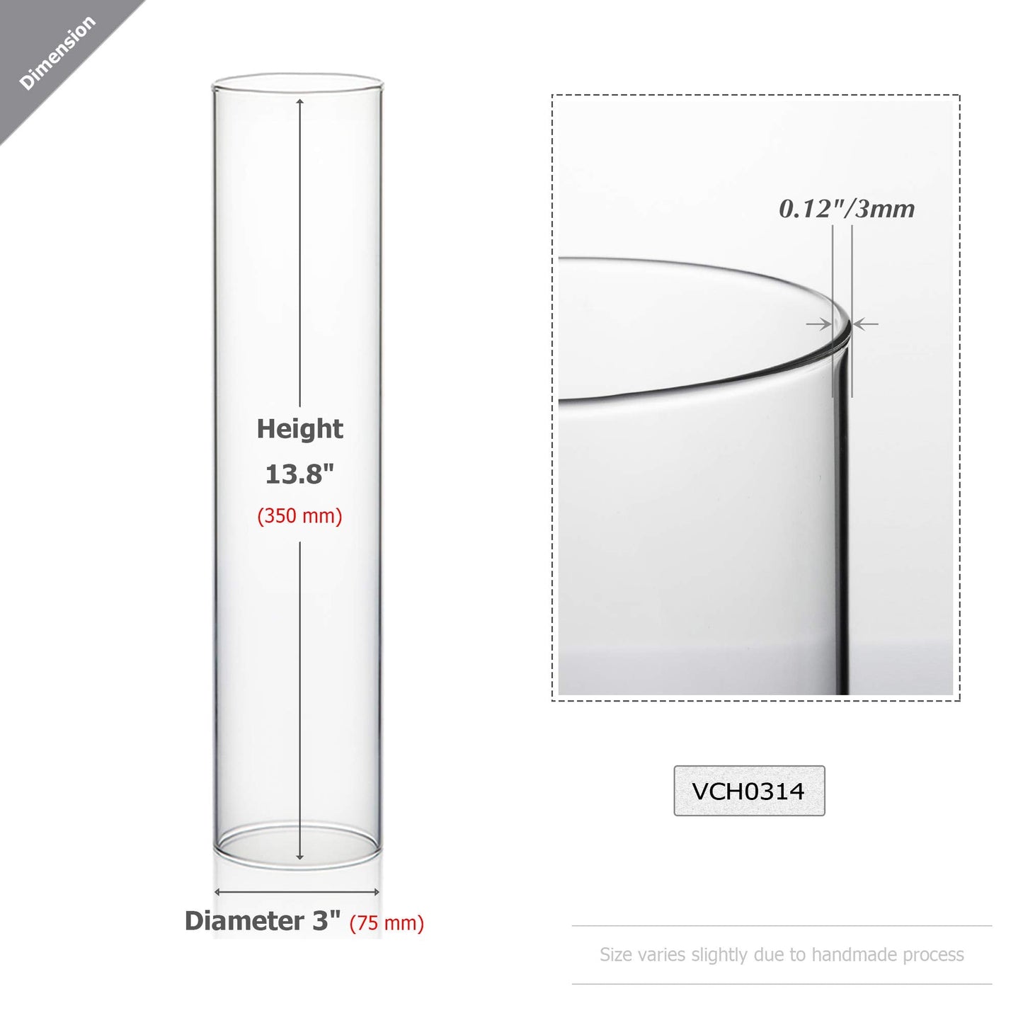 WGVI Hurricane Candle Holder Sleeve, Wide 3", Height 14", Clear Glass Cylinder Candleholder, Chimney Tube, Open Ended Candle Shade, 12 Pieces Bulk