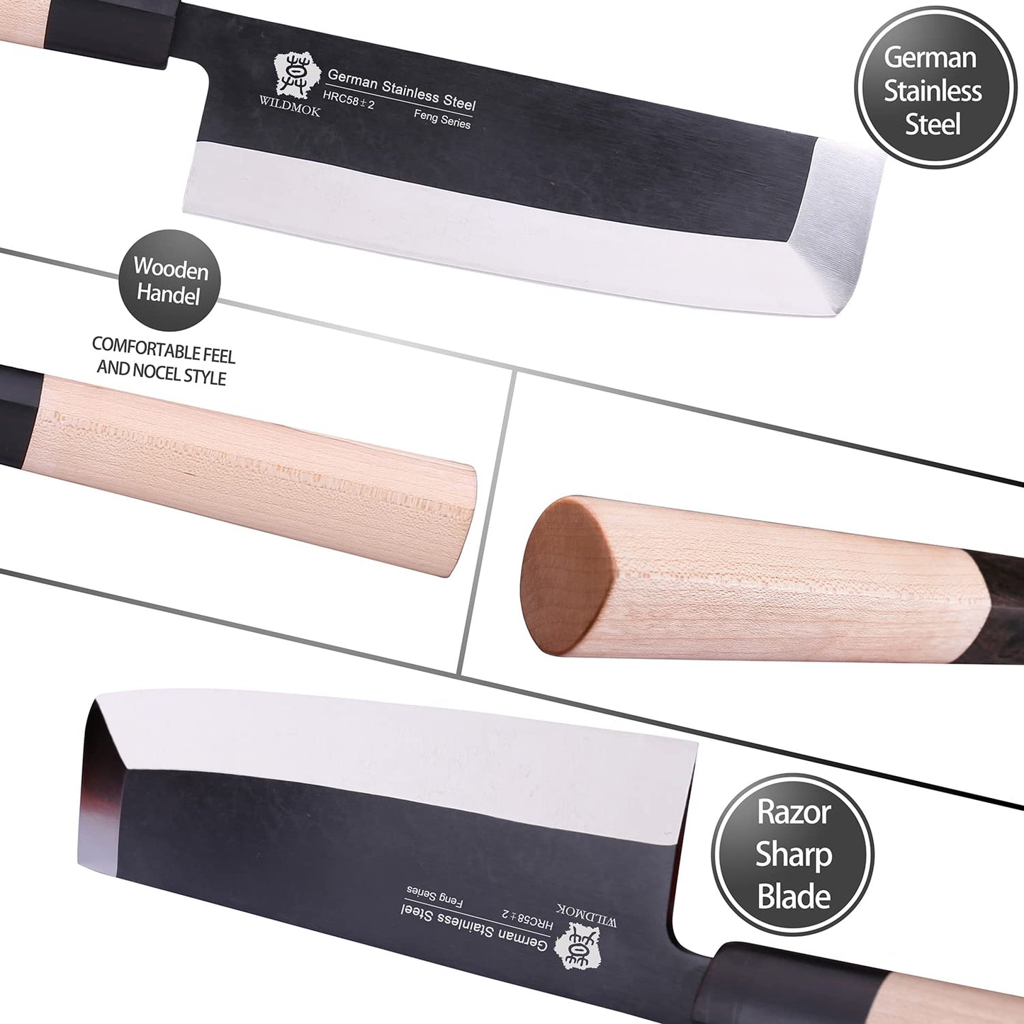 WILDMOK Set of 4 GYUTO Sushi Chef Knives-Yanagiba-Deba-Nakiri-Utility Kitchen Knife, Fish Slicing Filleting Knife Sets with German Steel Blade & Traditional Wooden Handle
