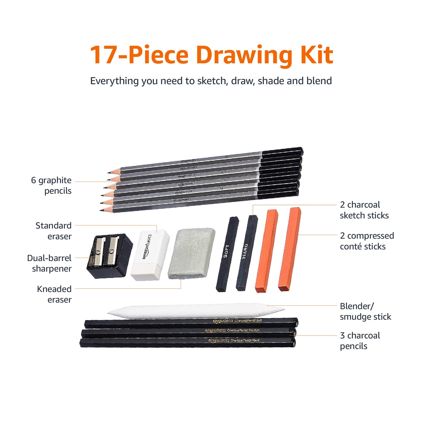 Amazon Basics Sketch and Drawing Art Supply Kit, 17-Piece, Charcoal and Pencil Set, Black, White