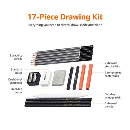 Amazon Basics Sketch and Drawing Art Supply Kit, 17-Piece, Charcoal and Pencil Set, Black, White