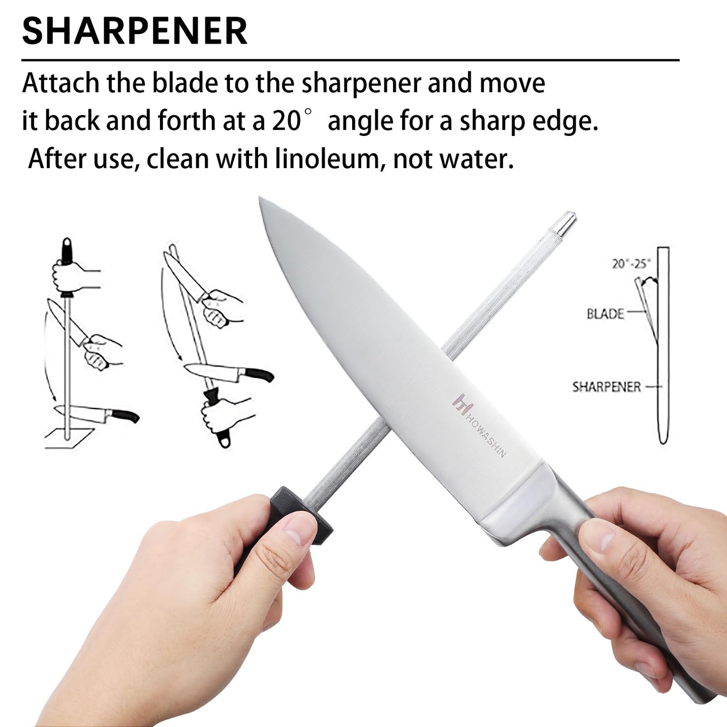 Knife Set with Block – Howashin Stainless Steel Kitchen Knife Set, Sharp Blade Set with Sharpening Steel– 15 Pcs Chef Knife Set
