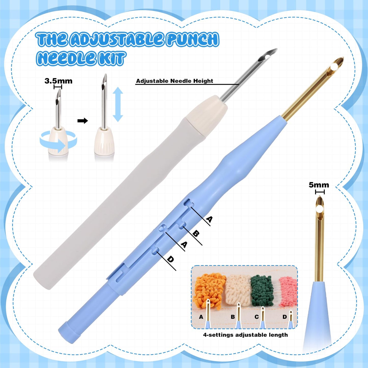 35Pcs Punch Needle Kit Adult Beginner, Adjustable Punch Needle Tool with Different Size Needles & Storage Case, Wooden Handle Embroidery Pen Set for Gifts, Decoration & DIY Craft Project