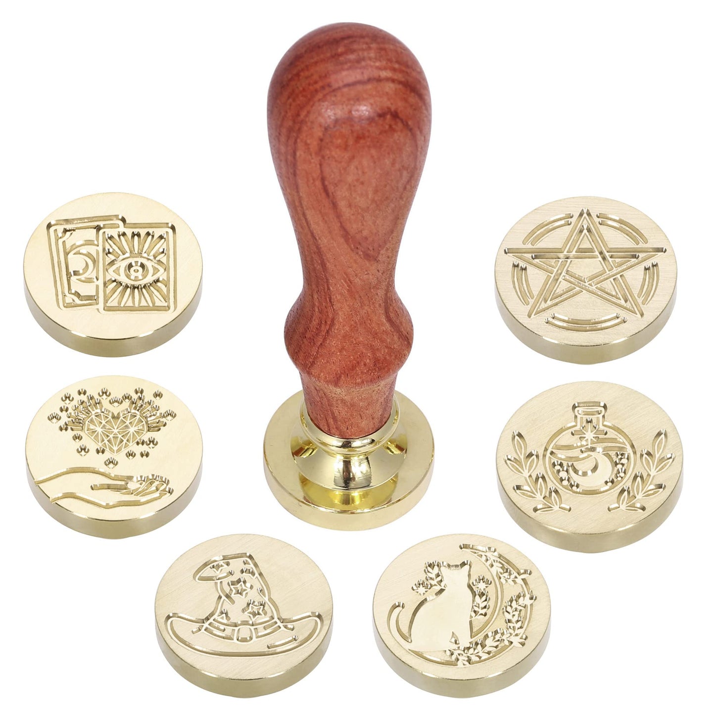 Yoption Wax Seal Stamp Gift Box Set, 6 Pieces Wiccan Copper Sealing Wax Stamp Heads + 1 Wooden Hilt for Invitations Letter Cards Envelopes Witchcraft