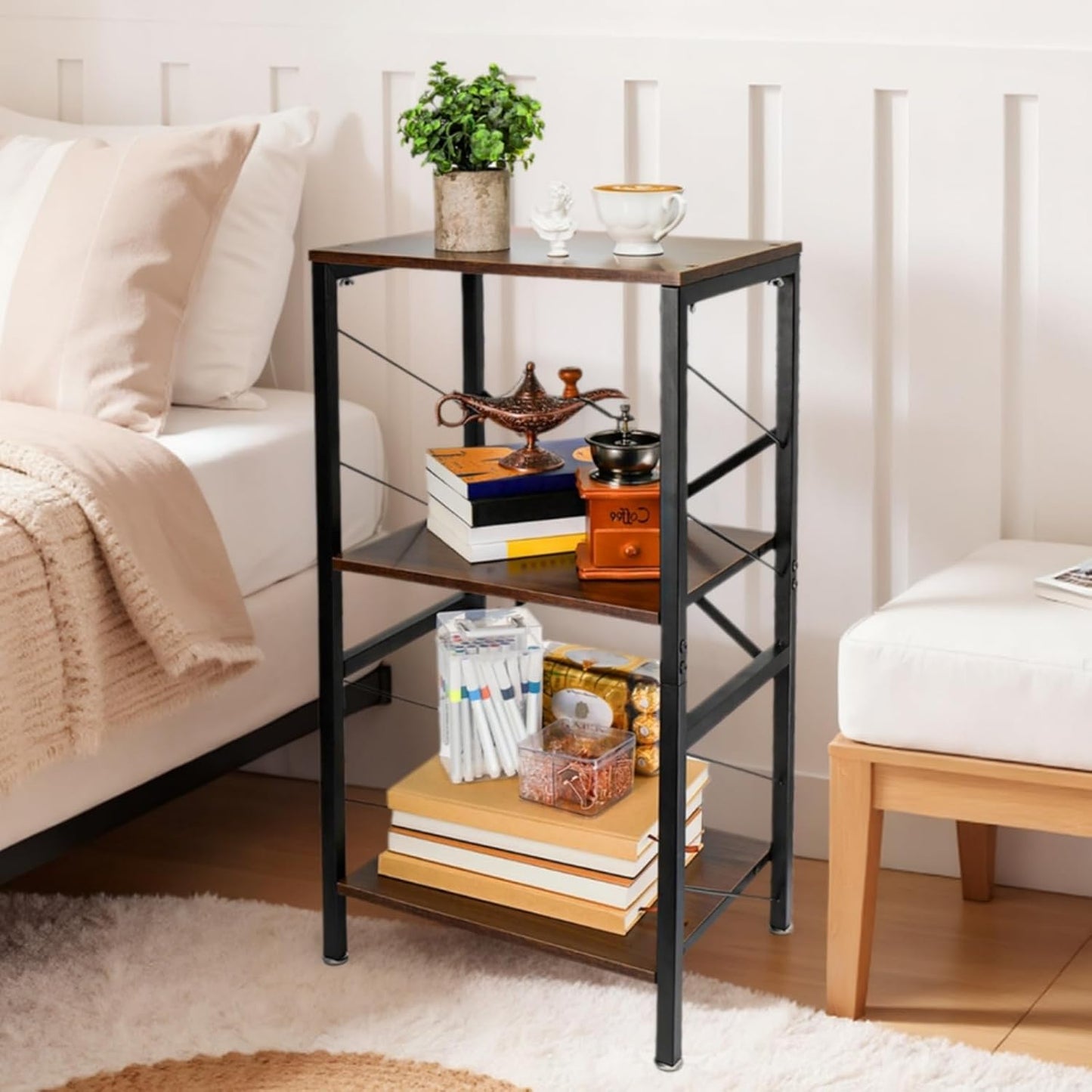 30'' 3 WRINGKIT Tall End Side Table, Height Small Telephone Table Stand with Tier Storage Shelf, Narrow Wood Nightstand