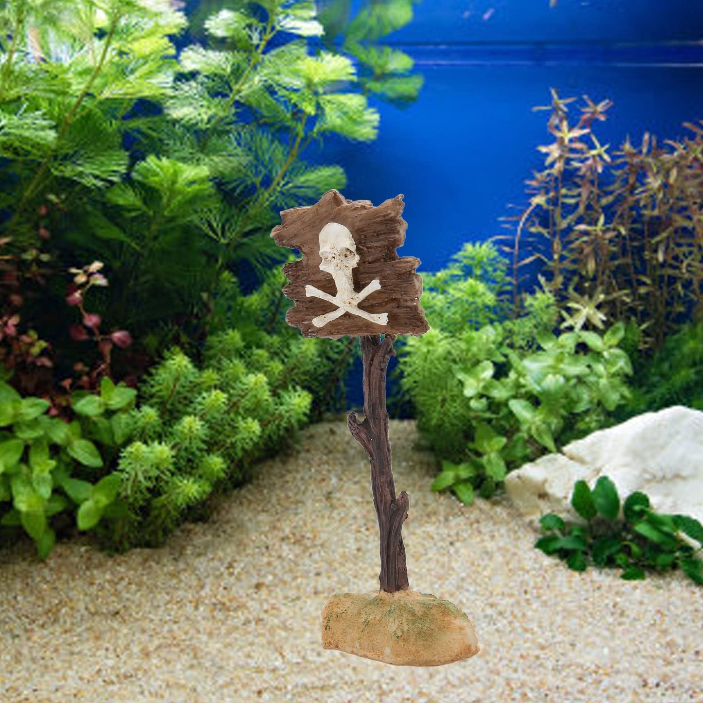 GLOGLOW Aquarium Decor, Resin Skeleton Warning Sign Ornament for Fish Tank Accessories with Unique Theme Design for Aquatic Plants and Creative Underwater Scenes