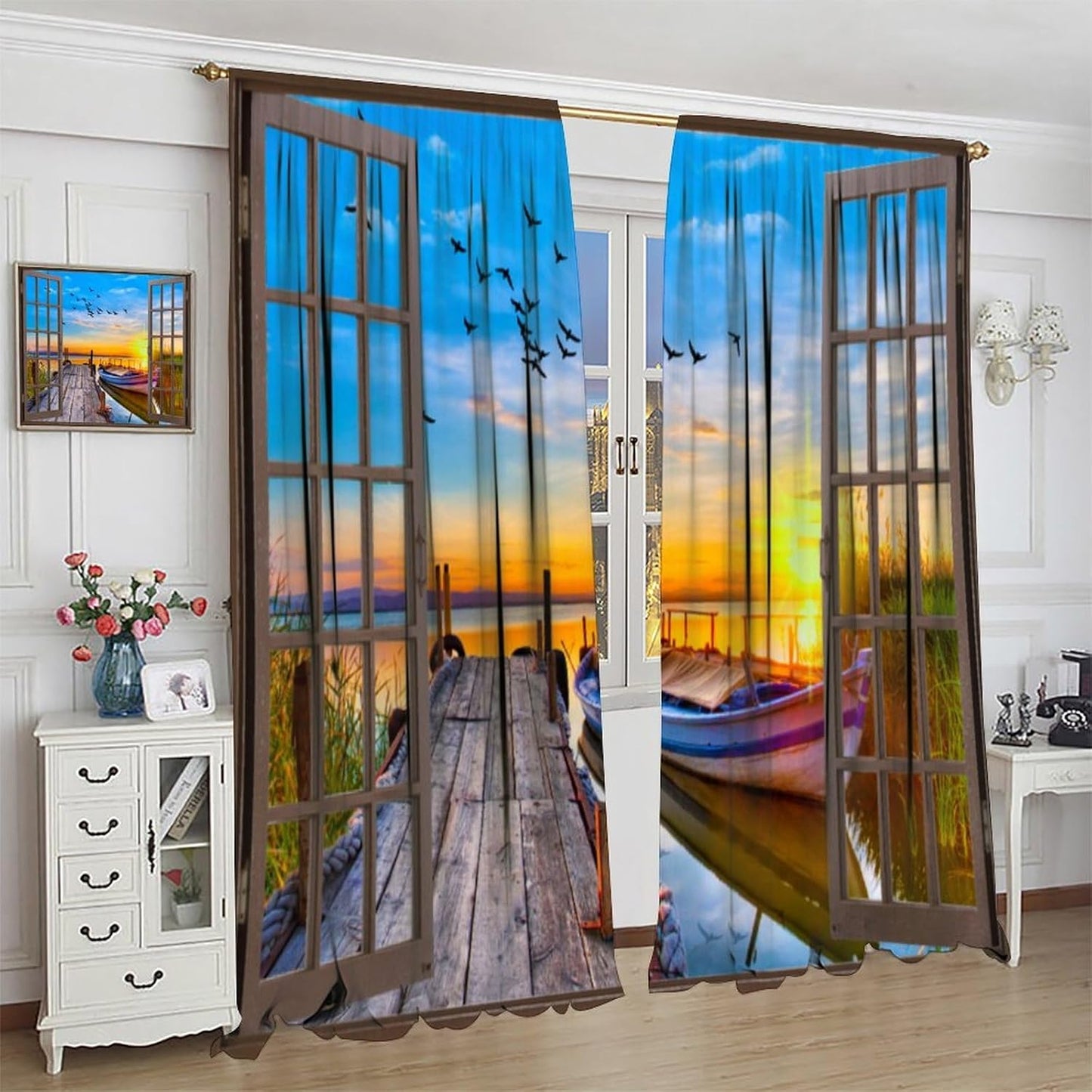 Lakeside Landscape Curtains, Rustic 3D Scenery Prints Window Treatments Drapes for Bedroom Living Room 42x45in