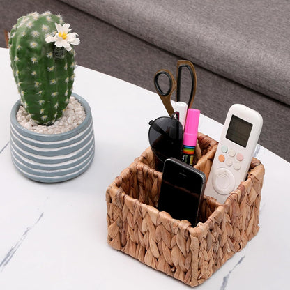 Wicker Remote Control Holder, Hand Woven Desk Organizer with 3 Compartments for Desktop Storage