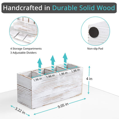 Pencil Pen Holder for Desk, White Washed Wood Office Desk Organizers and Accessories with 4 Slots for Countertop, Makeup Brush Holder Organizer for Bathroom Vanity, Silverware Caddy for Party