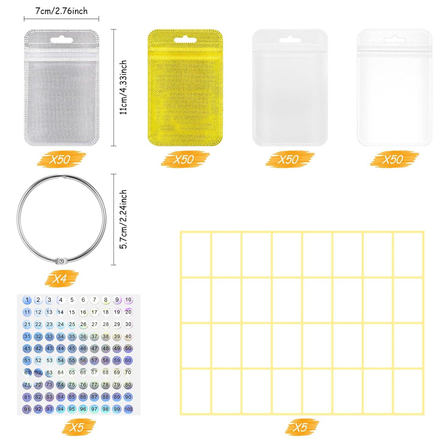 200 Pieces Diamond Painting Accessories Diamond Painting Tools Kit Storage Container Art Resealable Bags with 4 Round Binding Rings, 5 Sheets Number Stickers and 5 Sheets Sticker Label