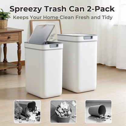 Spreezy 2 Pack Lid(3.6 2.4 Small Trash Can with Gal & Gal), Bathroom Garbage Can with Hidden Trash Bag Storage, Slim