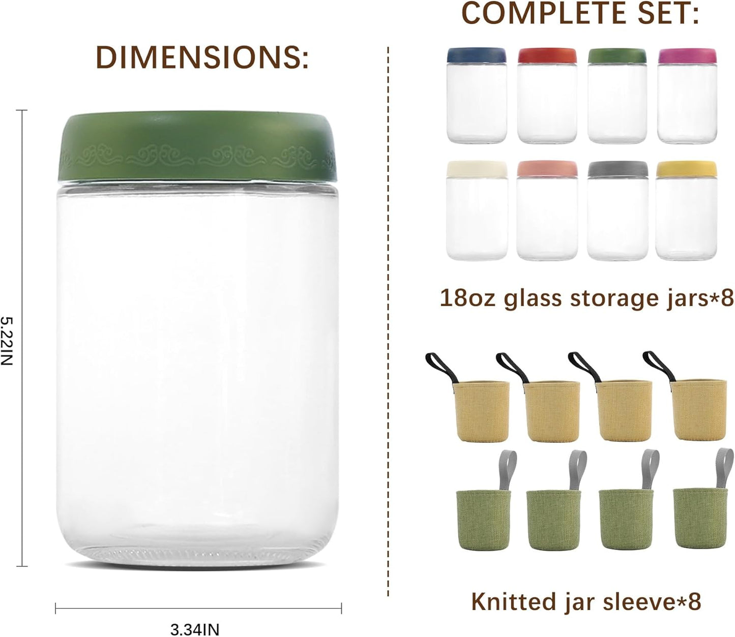 18 OZ 8 Pack (18oz-8 Pack) Overnight Oats Jars with Airtight Lids and Jar Sleeve, Glass Containers for Meal Prep