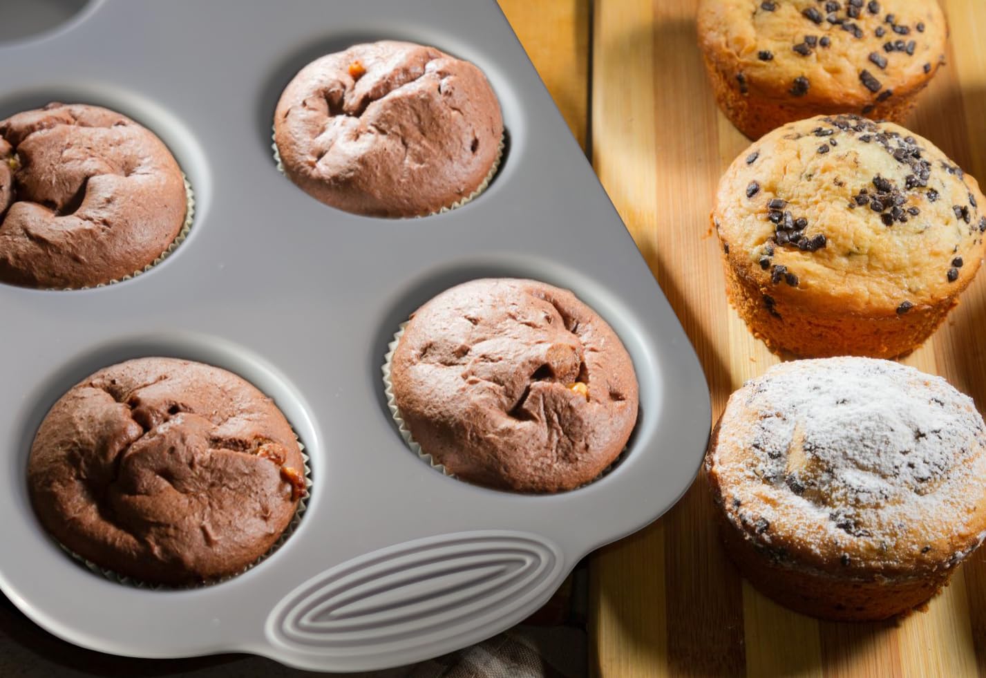 Baocuan Silicone Muffin Pan - 6-Cavity Nonstick Baking Tray for Muffins, Cupcakes, Brownies and More - Food Grade and BPA Free - Pack of 3 Colors (Gray, Orange, Peacock Blue)