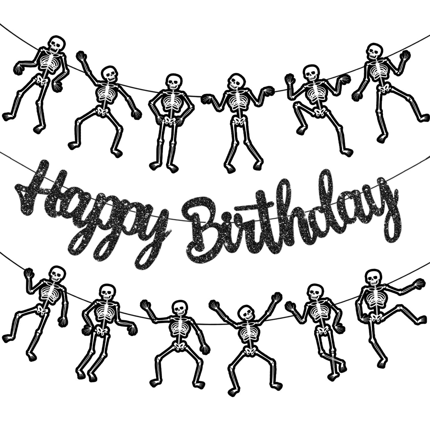 Skeleton Birthday Party Banner Halloween Party Decorations Dancing Skeleton Cutout Banner Glitter Black Skull Party Decoration for Halloween Holiday Celebration Supplies