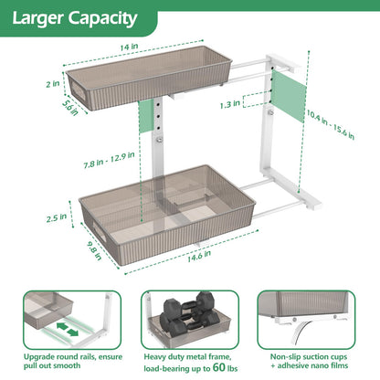 ADRIMER Under Sink Organizer 2 Packs, Pull Out Kitchen Sink Organizer, 2 Tier Slide Out Kitchen Organizers and Storage Bathroom Under Cabinet Storage Shelf, Grey & White