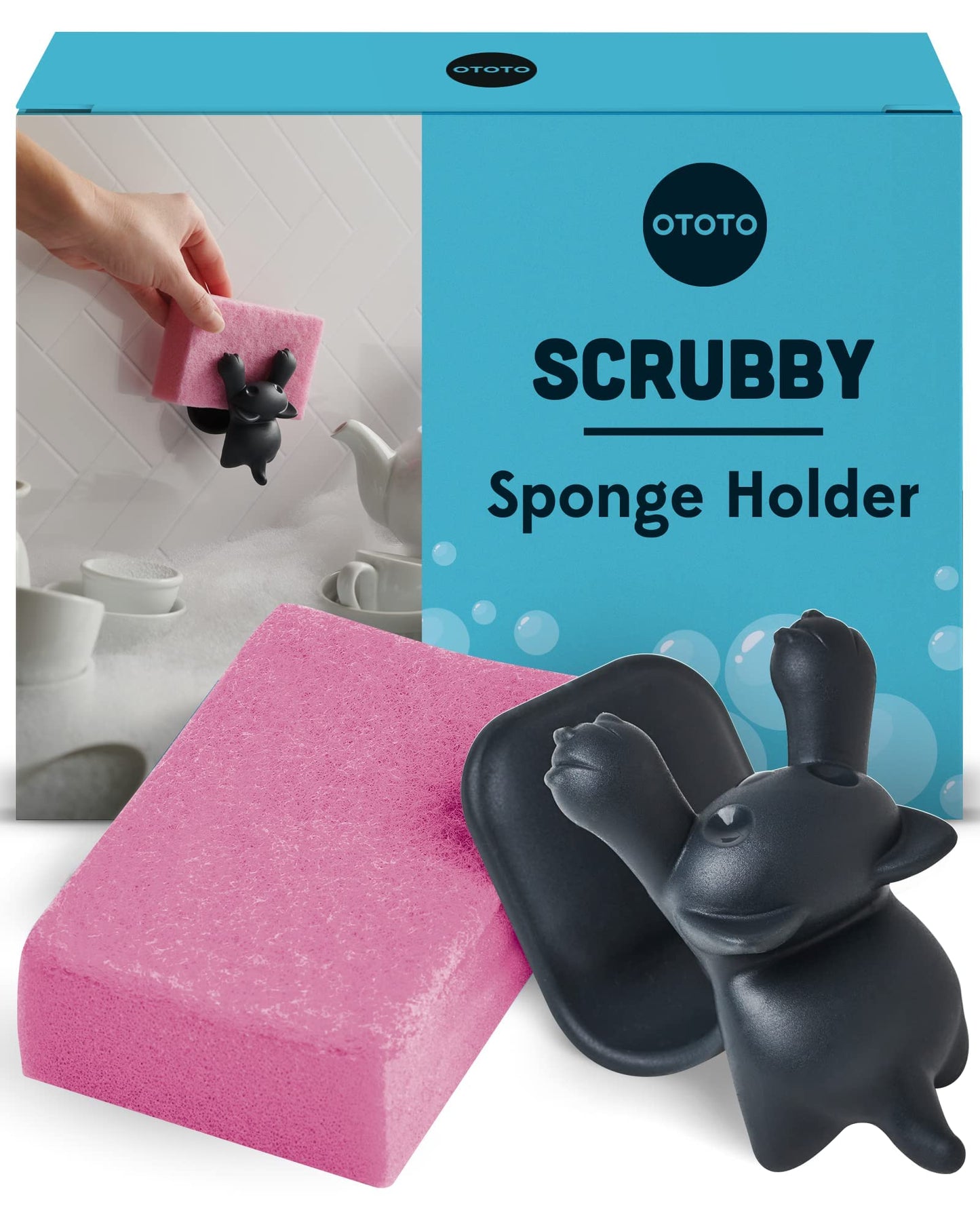 OTOTO Scrubby Cute Cat Sponge Holder for Kitchen Sink - Dishwasher Safe Dish Sponge Organizer- Compact, Cute Kitchen Accessories, Dish Sponge, White Elephant Gifts