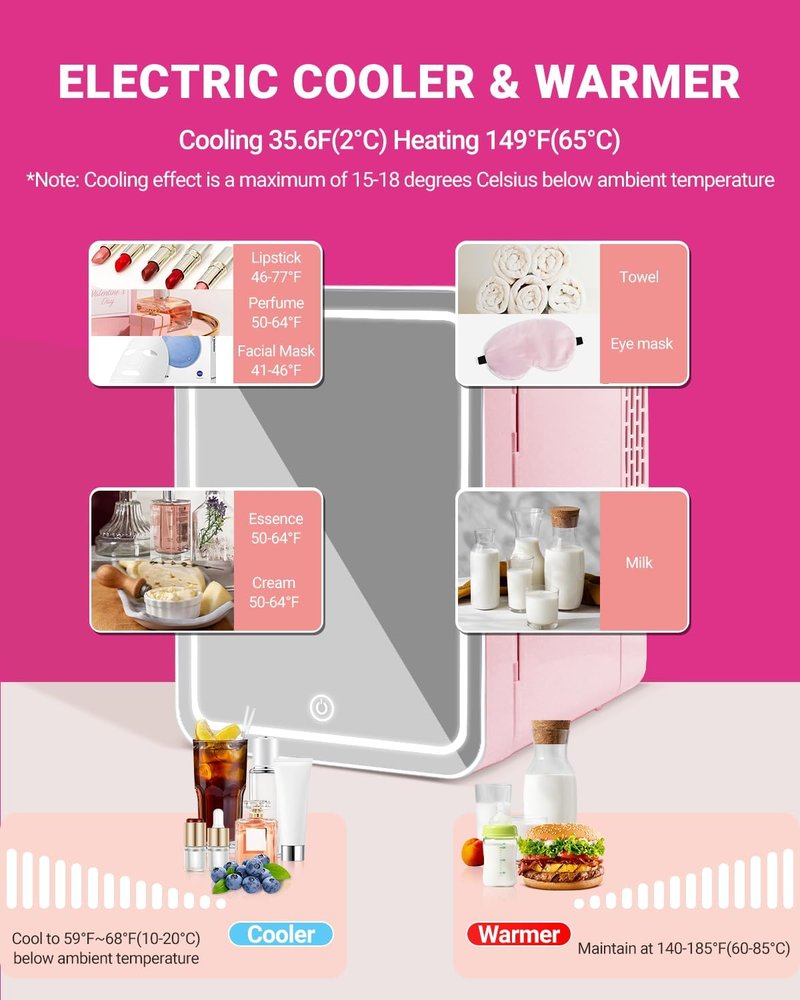 NISHCON 4-Liter Pink Portable Mini Fridge for Skincare Beauty Cosmetic Makeup With Mirrored Door and Dimmable LED Light