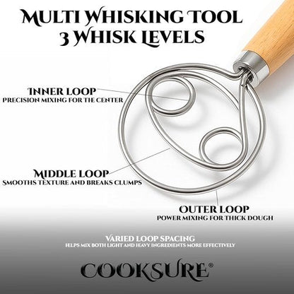 Danish Dough Whisk - 13-Inch Sourdough Bread Whisk with Wooden Handle & Stainless Steel Hook