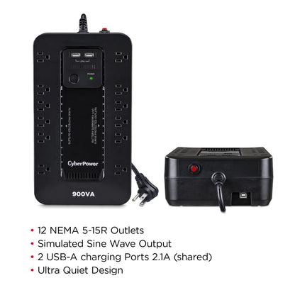 CyberPower ST900U Standby UPS System, 900VA/500W, 12 Outlets, 2 USB Charging Ports, Compact, Black