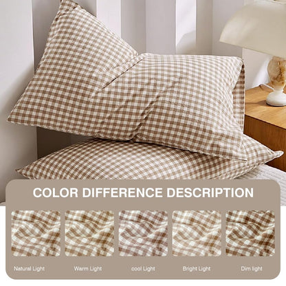 Tan Gingham Pillowcases Set Farmhouse Standard Size Pillow Shams Buffalo Taupe Plaid Pillowcases Set of 2, Grid Checkered Gingham Washed Cotton Pillow Covers with Envelope Closure, 20"×26"