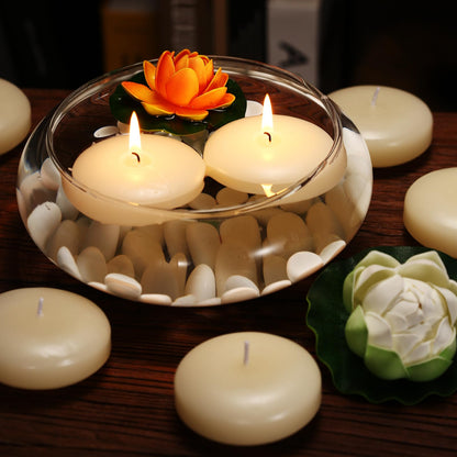 KNOURT 36 Pack Floating Candles, 3” Ivory Unscented Dripless Wax Burning Candles, for Weddings, Party, Cylinder Vases, and Home Decorations