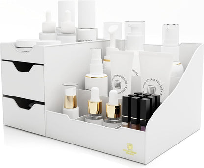 Uncluttered Designs Large Makeup Organizer for Vanity - Countertop Desk with Drawers for Cosmetic, White