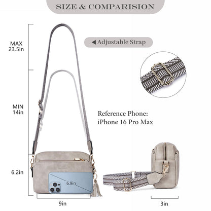 Roulens Triple Zip Small Crossbody Bag for women,Wide Strap Cell Phone Purse Shoulder Handbag Wallet with Credit Card Slots