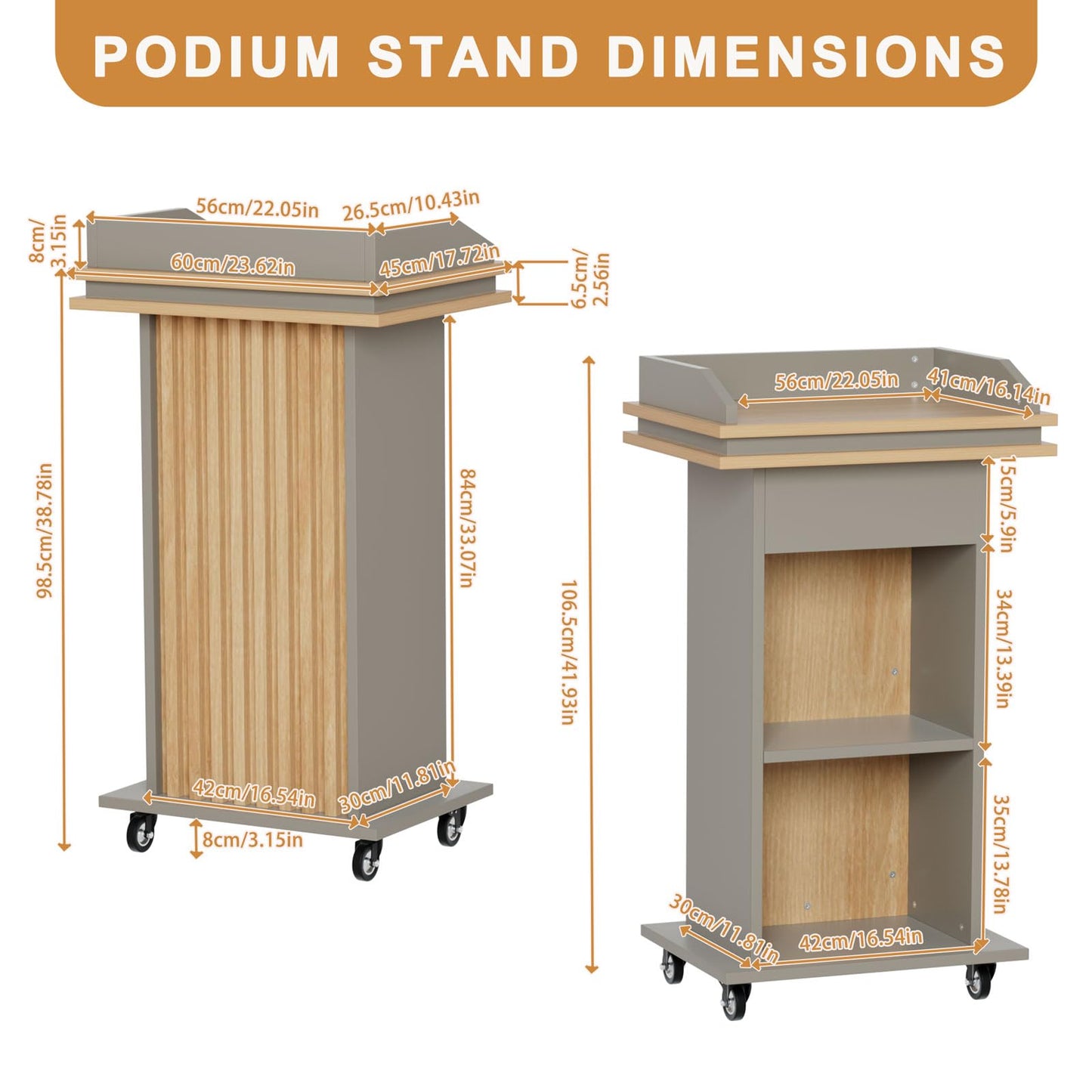 HPLWYM Podium Stand with Wheels, Wood Lectern Stand with Drawer and Double-Layer Storage Space, Mobile Pulpits for Churches, Portable Podium for Speech, Church, Office, Classroom, Conference