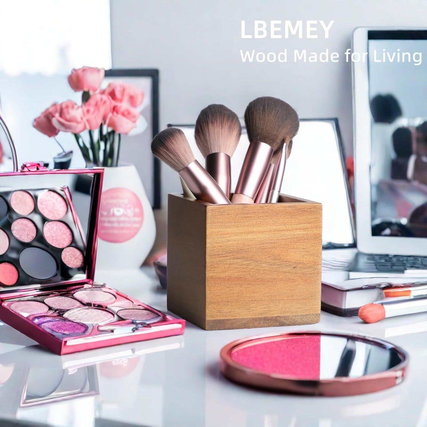 LBEMEY Acacia Wood Makeup Brush Holder Organizer for Vanity,Pen and Pencil Holder for Desk,Desktop Organizer for Store Marker, Makeup Brush, TV Remotes