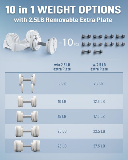 BYZOOM FITNESS Pure Series Adjustable Dumbbell 27.5LB Pair Set of 2 - 10-in-1 Adjustable Weights with Precision Micro Plates, for Strength Training & Fitness Workouts at Home Gym, Garage Gym, Small Apartments, White