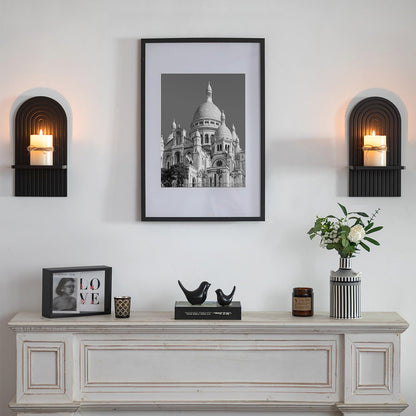 Walasis Black Boho Candle Sconces Decor: Set of 2 Wood Mid-Century Wall Candle Holder for Hallway Fireplace Bedroom - Arch Wall Shelf for Plants Pillars Candles