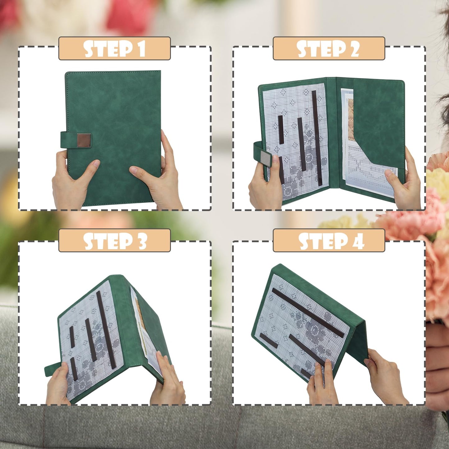 Cowenhey Knitting Pattern Holder with Pocket, Knitting Chart Holder with 4 Replacement Magnets, Holder Foldable Knitting Chart Keeper for Fixed Crochet Pattern on Knitting Pattern (Green)